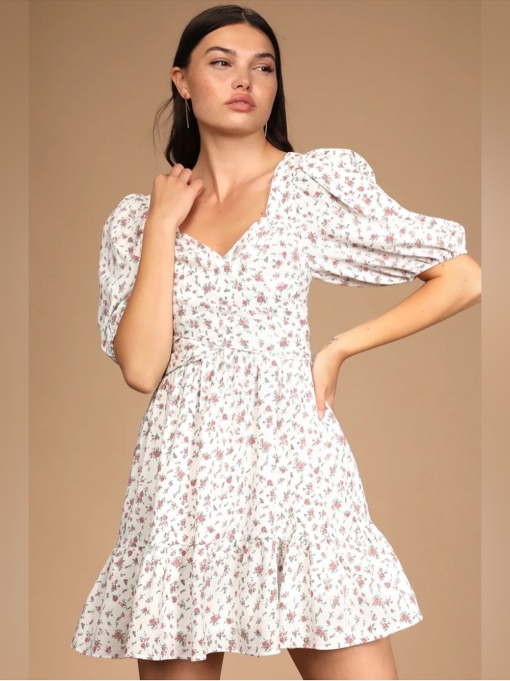 Lulus White Floral Rose and leaf Tie Waist Mini Dress